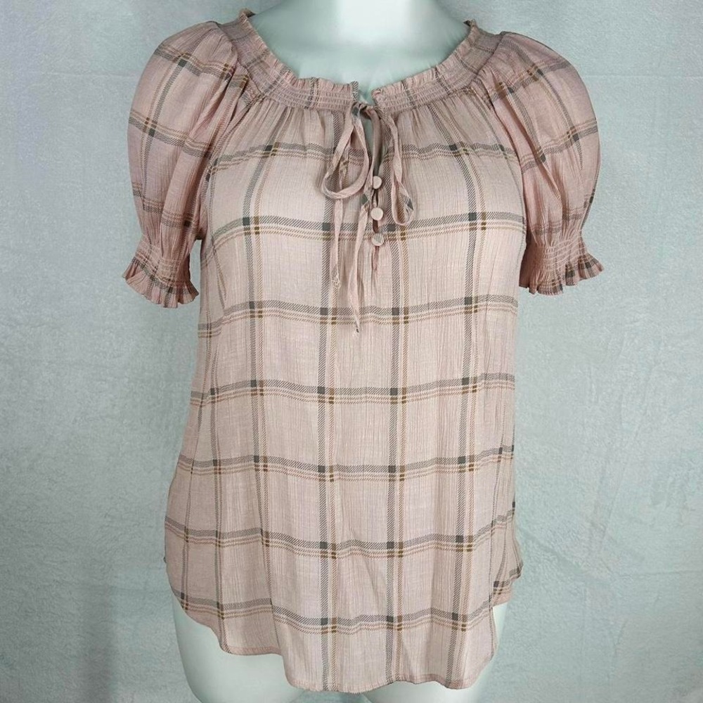 Perch by Blu Pepper 2XL pink plaid peasant blouse with smocked neckline